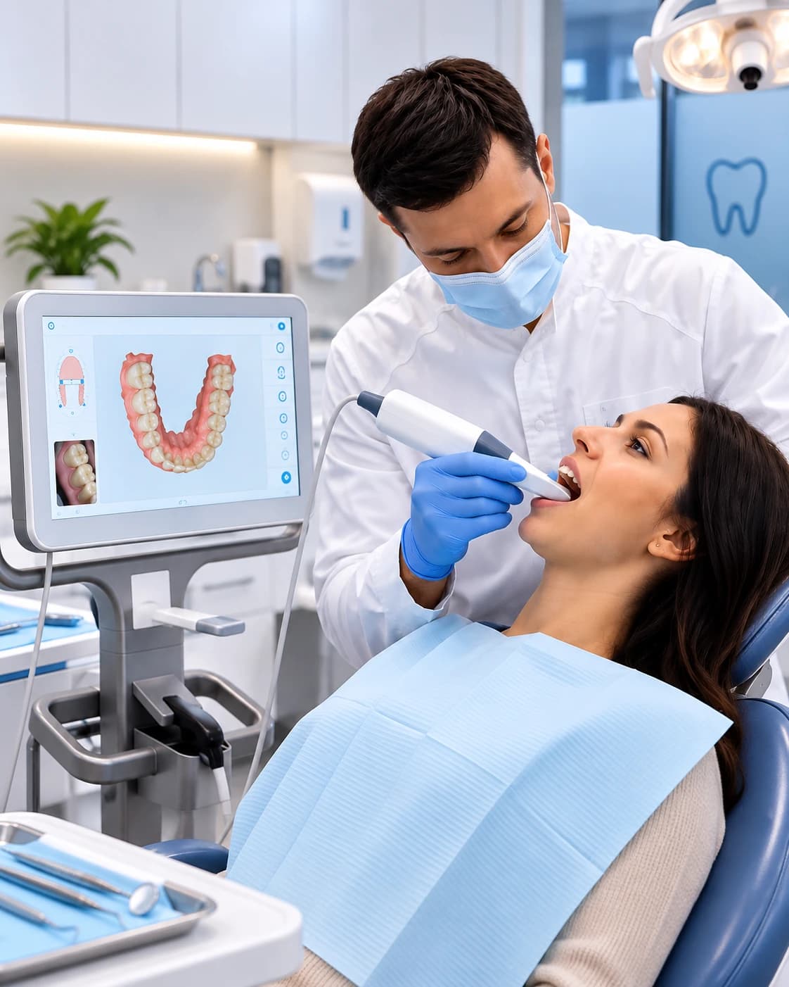 Dentist taking a digital intraoral scan while the 3D model of the patient's teeth appears on screen
