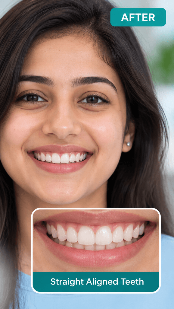 The same patient's smile after orthodontic treatment, with evenly aligned teeth