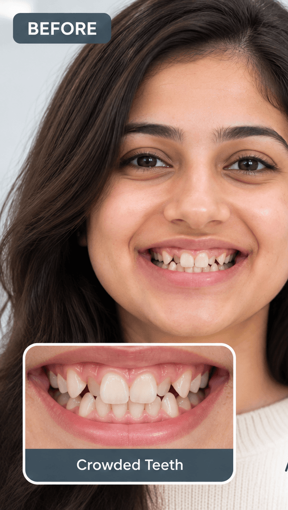 Patient's smile before orthodontic treatment, with crowded, overlapping upper front teeth