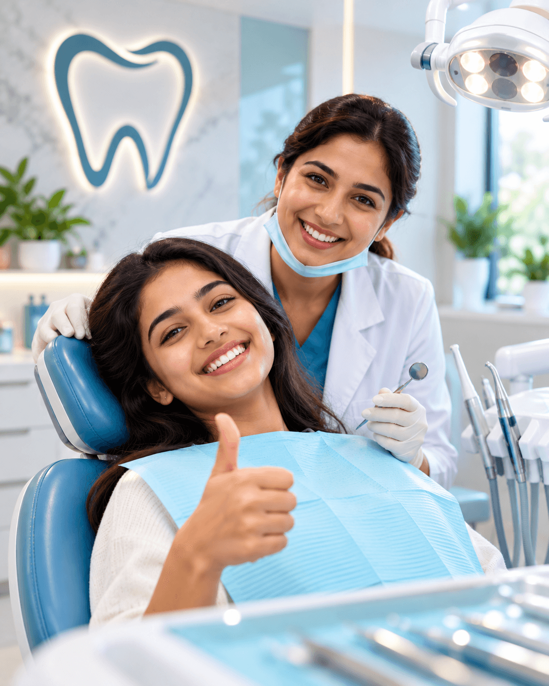 A smiling patient giving a thumbs up in the dental chair beside her dentist at Sumukha Dental Clinic